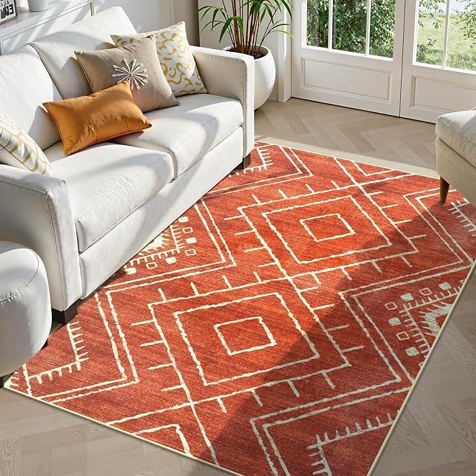 LIVEBOX Western 5x7 Area Rug, Washable Orange Rugs for Living Room Bedroom, Soft Non Slip Moroccan Tribal Rug Geometric Boho Area Rugs Diamond Carpet for Dining Room Home Office Decor (Brick Red)