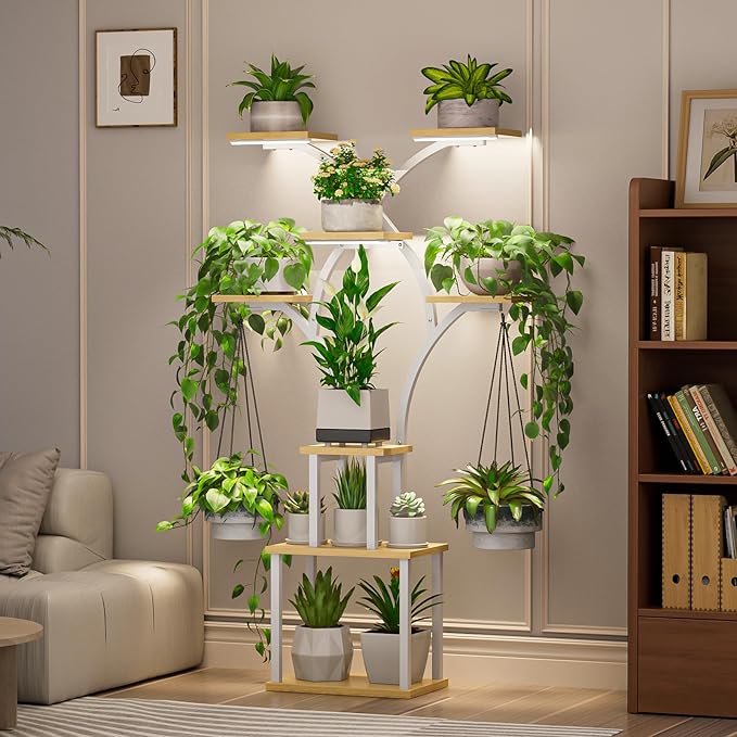 Elbourn 8 Tiered 60" Tall Plant Stand Indoor Shelf with Grow Lights (White) | Corner Shelf Decor