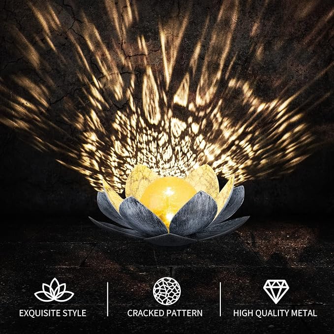 AIINY Garden Solar Light Outdoor(2Pack), Amber Crackle Globe Glass Lotus Decoration, Waterproof Gary Metal LED Flower Lights for Patio,Lawn,Walkway,Tabletop, Garden Gifts for Women