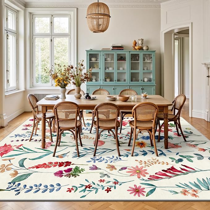 8x10 Area Rugs, Machine Washable Low Pile Floral Rugs for Living Room, Bedroom, Large Area Rug with Non-Slip Backing for Dining Room(Beige Floral)