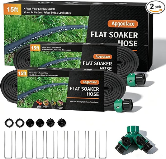 Flat Soaker Hose 15 ft 2-Pack with Splitter, 80% Water-Saving Drip Irrigation Hose, Linkable DIY Garden Soaker Hose System for Garden Beds, Lawn, Vegetables & Trees (15ft 2-pack)