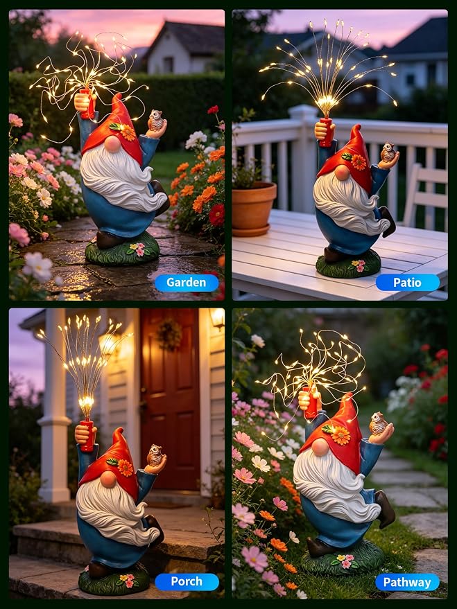 Garden Gnome Statue, Solar Outdoor Decor with Owl and Firework LEDs | Waterproof solar resin gnome for outdoor gardens, patios, porches and balconies; a charming gift for women and garden lovers