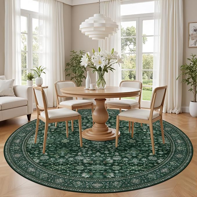 Round Area Rug for Living Room: 8ft Boho Washable Rug Deep Green | Vintage Boho Soft Round Rug Indoor Floor No Slip Carpet Stain Resistant Rugs for Bedroom Dining Room Nursery Home Office