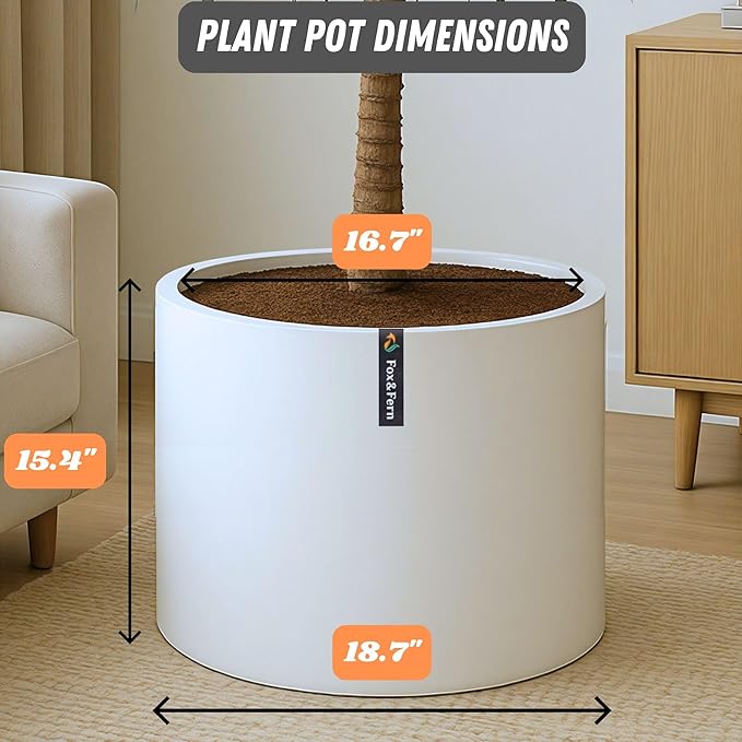 Fox & Fern Large Indoor Planter, Modern Large Plant Pot for Indoor or Outdoor, UV and Frost Resistant - 18.7 Inch, Fiberstone, Matte White Flower Pot with Drainage Plug, Lightweight