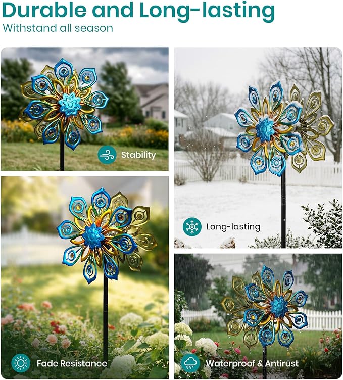 63" Solar Wind Spinners Outdoor, 13" Metal Kinetic Garden Art Decor | Artisan Hand-Crafted,Weather-Resistant,Heavy-Duty,Whisper-Quiet Bearings,Auto-Glow Solar Crackle,Stable 5-Prong Ground Stake