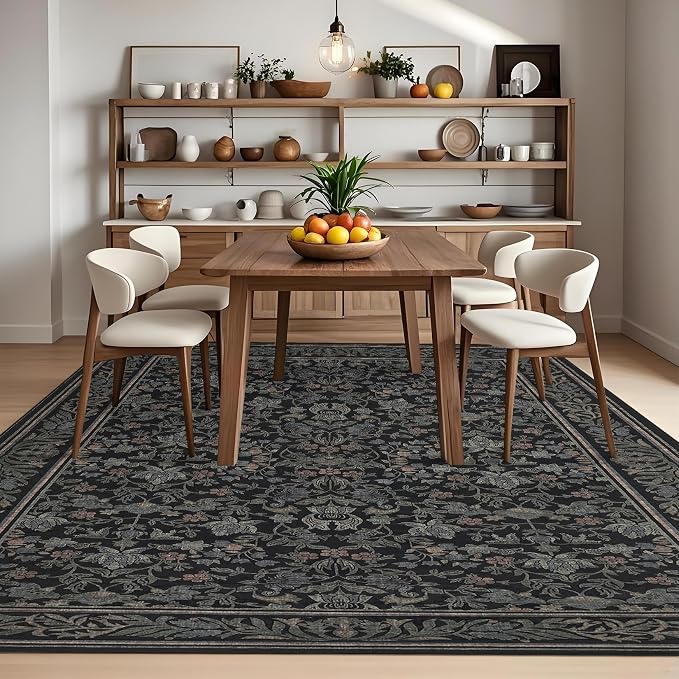GarveeHome 9x12 Area Rugs for Living Room: Washable Bedroom Rug Black | Boho Vintage Non Slip Soft Low Pile Stain Resistant Indoor Carpet for Farmhouse Dining Room Nursery Home Office