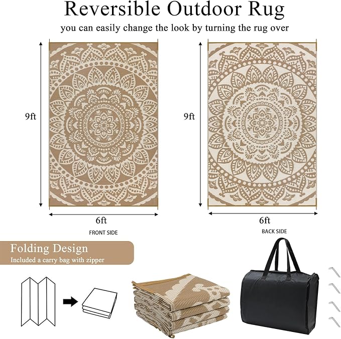 Bsmathom Waterproof Outdoor Rug 6'x9' Reversible Boho Plastic Straw Patio Deck Camping Rugs, Indoor Outdoor Portable RV Mat Clearance Carpet for Outside, Porch, Balcony, Backyard, Beach, Pool,Brown