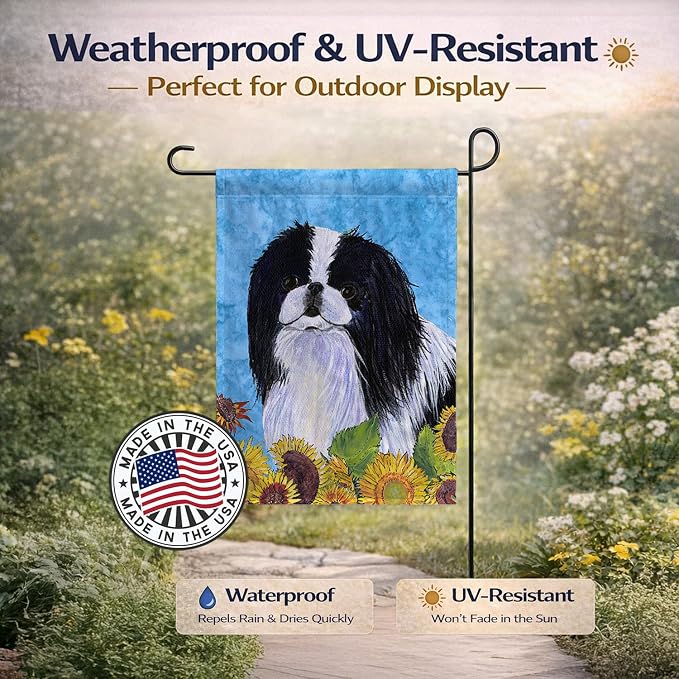 Caroline's Treasures SS4236GF Japanese Chin in Summer Flowers Garden Flag Mailbox Flag Decorative Yard Flag Banner Outside Patio Artwork Yard Flower Beds, Garden Size, Multicolor