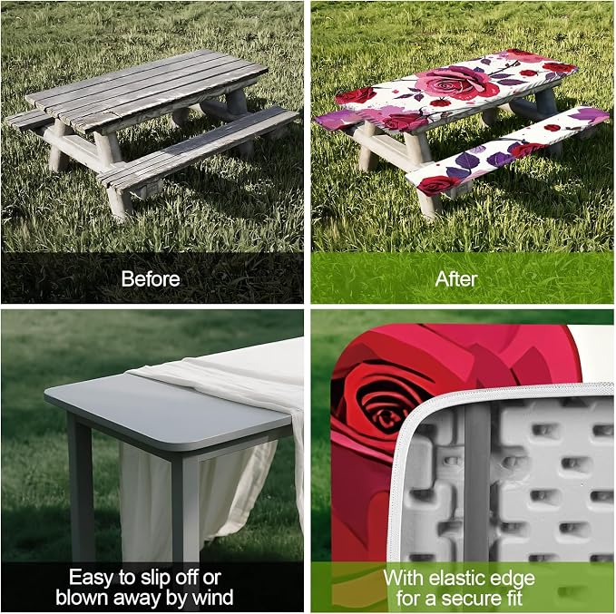 Romantic Roses Picnic Table Cover with Bench Covers Set of 3 - Red Roses and Floral Background, Elastic Fitted Tablecloth for 6 Ft Tables, Washable Polyester Cover for Patio, Indoor & Outdoor