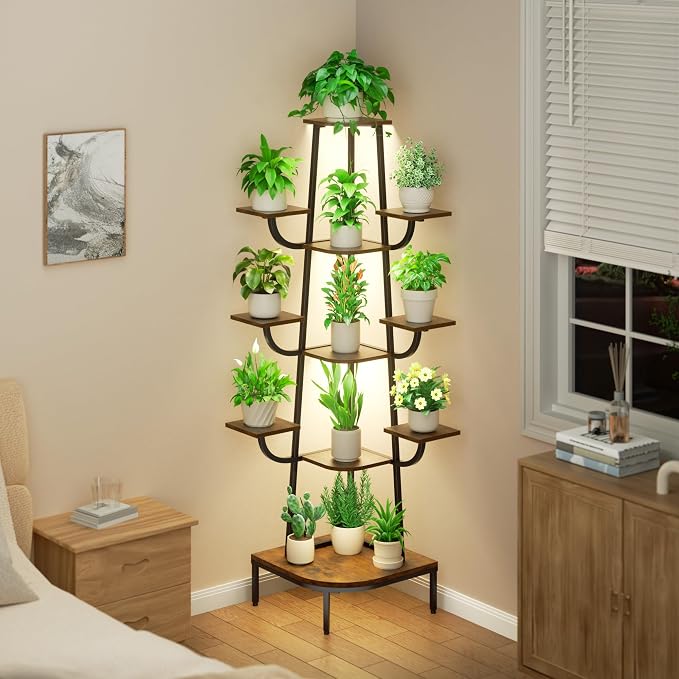 LATIBELL Corner Plant Stand Indoor with Grow Light, 72'' Tall Plant Shelf for Indoor Plants, 8 Tiered Metal Tree-Shaped Display Capable of Holding Large Pots for Home, Patio and Balcony, Black