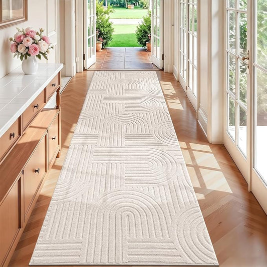 SHACOS Soft Cozy Fluffy Arch High Low Pile Runner Rugs 3x10 ft Non Slip Washable Scandinavian Minimalist Area Rug Runner Modern Carpet for Living Room Hallway Bedroom Bathroom Kitchen, Beige