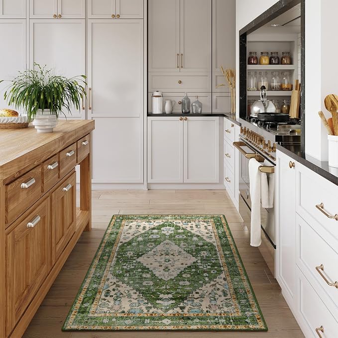 Lahome Felice Boho Tribal Area Rug - 3x5 Vintage Green Rug for Bedroom, Soft Non Slip Washable Entry Bathroom Mat Bohemian Indoor Accent Floor Chair Carpet for Entrance Coffee Table Foyer RV Hall