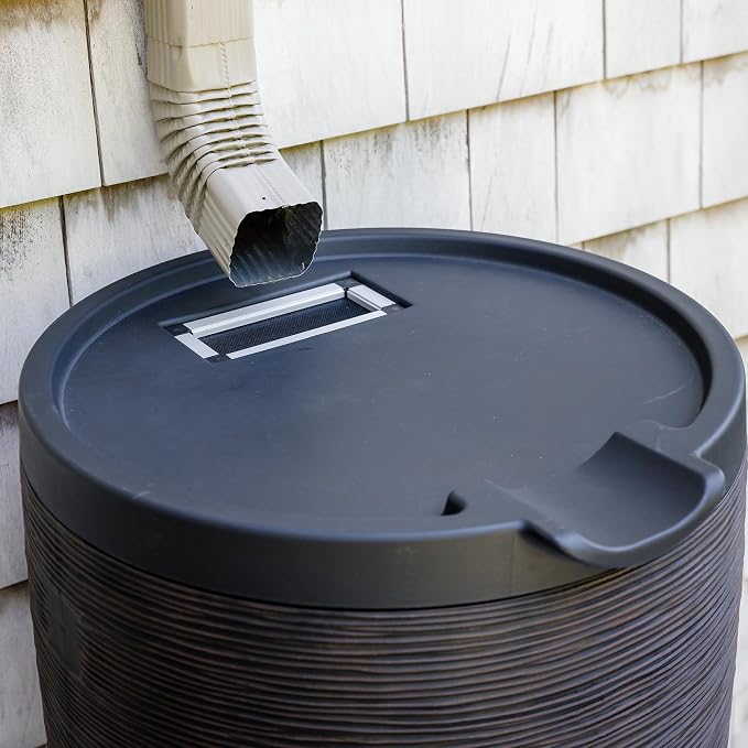 RTS Home Accents Newport 50‑Gallon Flat‑Back Rain Barrel with Stand & Planter Bundle – Bronze | Removable Lid, UV-Stabilized Outdoor Water Storage