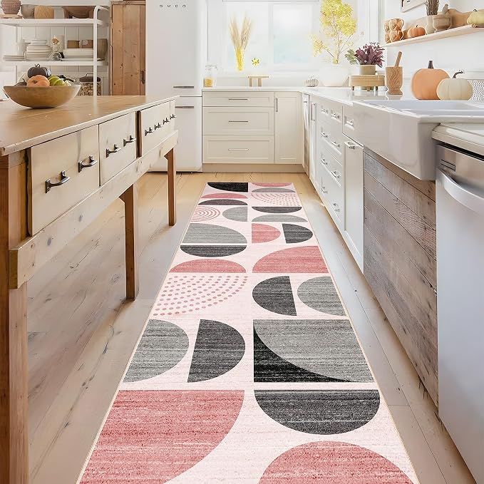 Pink Runner Rug Washable,Boho 2x8 Area Rugs Non Slip Modern Abstract | Long Throw Carpet for Hallways Kitchen Bedroom Entryway Bathroom Laundry Soft Low Pile Floor Indoor Bohemian Pink and Grey