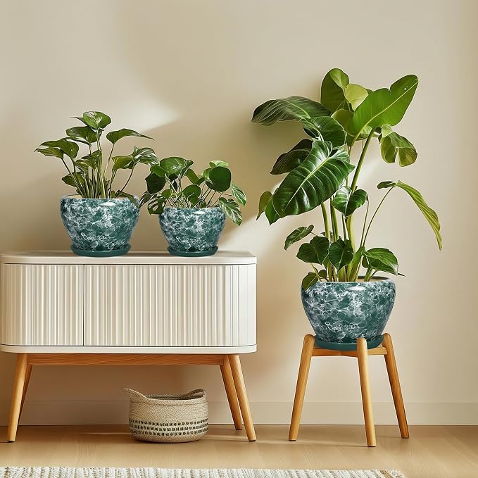 6 Inch Planter - Ceramic Plant Pots Indoor with Drainage Hole and Saucer, Indoor Plant Pots for Flowers Plants, Round Modern Small Planter, Bedroom Decor, Plants Lover Gift, Bubble Green