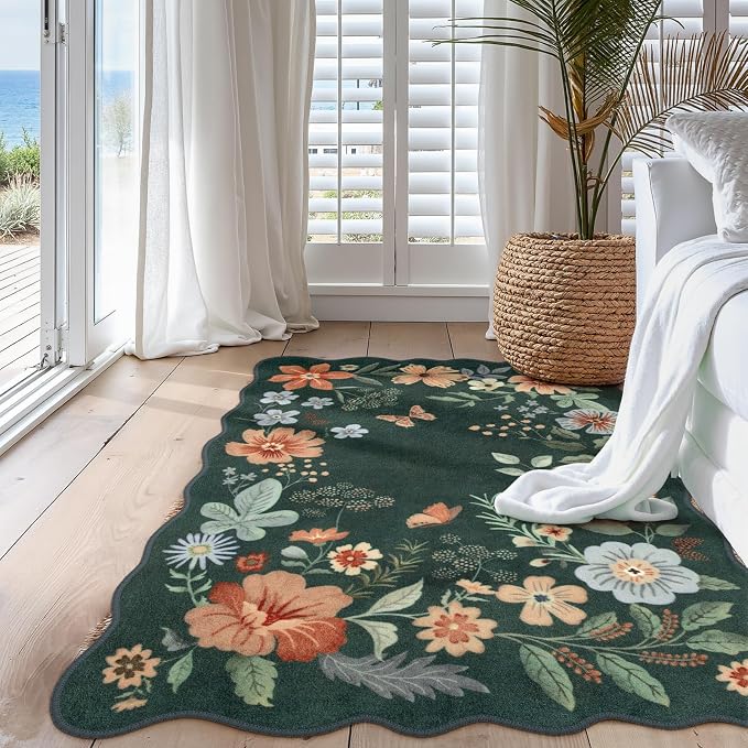 Lahome Floral Washable Rug- 4x6 Green Rugs for Bedroom Girls Classroom | Scalloped Ultra-Thin Soft Living Room Non-Slip Stain Resistant Boho Throw Rug for Nursery Office Flore, Dark, Green