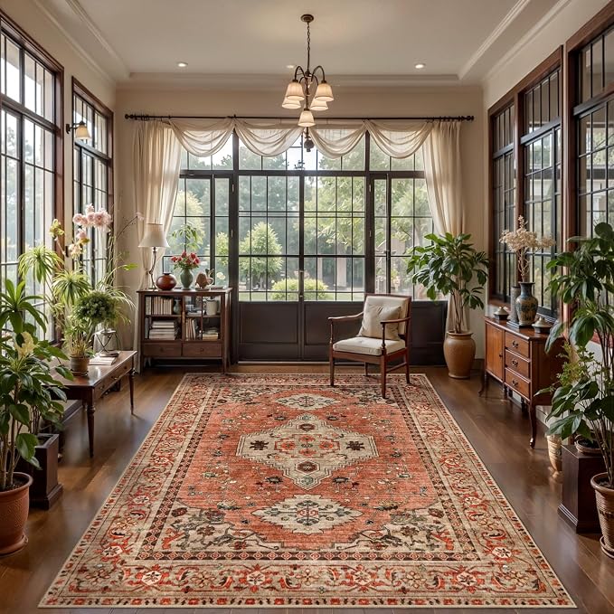 Tangsoo Boho 5x7 Washable Area Rugs for Living Room, Non Slip Indoor Rug | Oriental Large Area Rug, Vintage Print Terracotta Carpet, Soft Low Pile Rug Foldable Floor Rugs for Bedroom Dining Room Dorm
