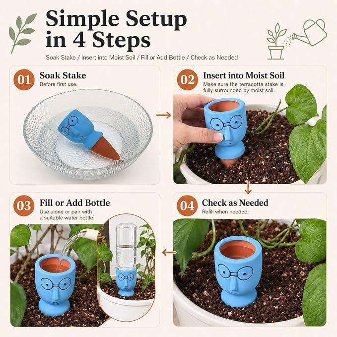 Terracotta Watering Spikes 4 Pack, Cute Self Watering Plant Spikes, Clay Plant Watering Devices, Slow Release Self Watering Planter Insert for Indoor Outdoor Potted Plants (Big Head)