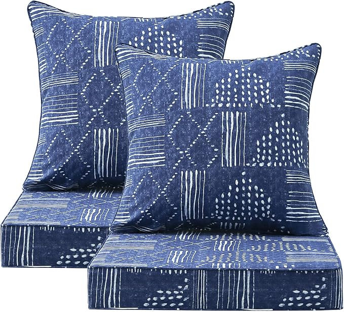 Outdoor Deep Seat & Back Cushion Set (2-Pack), 24 x 24 Inch Water Repellent and Fade Resistant Patio Furniture with Removable Cover for Outside Sofa Couch, Cobalt Grid