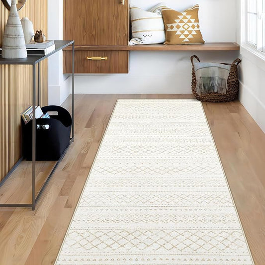 Runner Rug 2x5 Boho Geometric Area Rugs: Small Washable Kitchen Rug, Soft Non Slip Moroccan Long Hallway Rugs for Bedroom Bathroom Laundry Entryway Staircase Foyer(Beige,2X5)