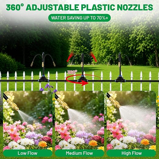 Drip Irrigation System 200ft, 360° Adjustable Garden Sprinkler Kit with 32 Brass Heads, Automatic 1/4" Irrigation Tubing for Raised Bed Lawn Vegetables Outdoor Plants