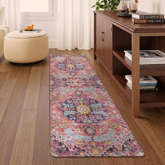 Lahome Reine Bohemian Floral Medallion Runner Rug, 2x6 Pink Hallway Runner Laundry Mat, Machine Washable Non-Slip Soft Indoor Carpet for Bathroom Bedside Basement Camper Home Decor, Fuchsia/Multi