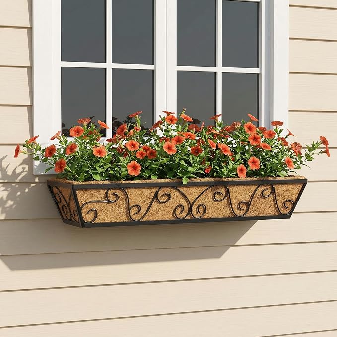 Y&M 30x7 Inch Black Outdoor Rectangular Window Box Planter - Rust Resistant Steel, Plastic Coated - Perfect for Railings, Walls, or Window Sills - Includes Coco Coir Liner