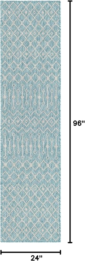 Unique Loom Outdoor Trellis Collection Area Rug - Tribal Trellis (2' x 8' Runner, Aqua/ Ivory)