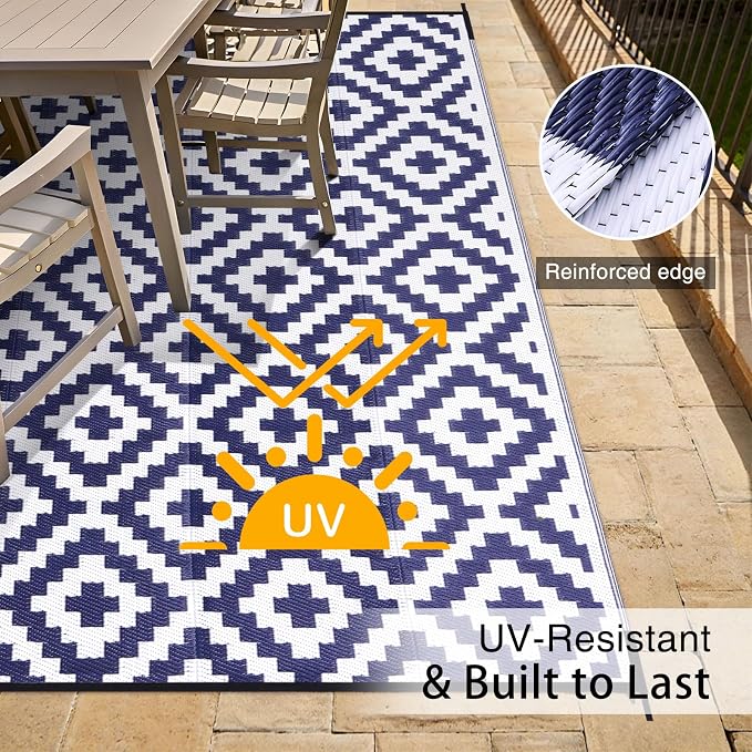 OLANLY Waterproof Outdoor Rug 9x18 ft, Outdoor Plastic Straw Rug for Camping, RV Mat Outside, Indoor Outdoor Carpet for Porch, Deck, Backyard, Balcony, Picnic, Navy & White