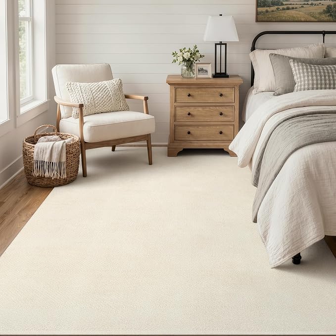 Boho Living Room Area Rugs, 5 X 8 ft Washable Woven Bedroom Rug | White Farmhouse Braided Carpets for Dining Room, Modern Soft Nursery Room Rug for Dorm Patio Balcony Decor