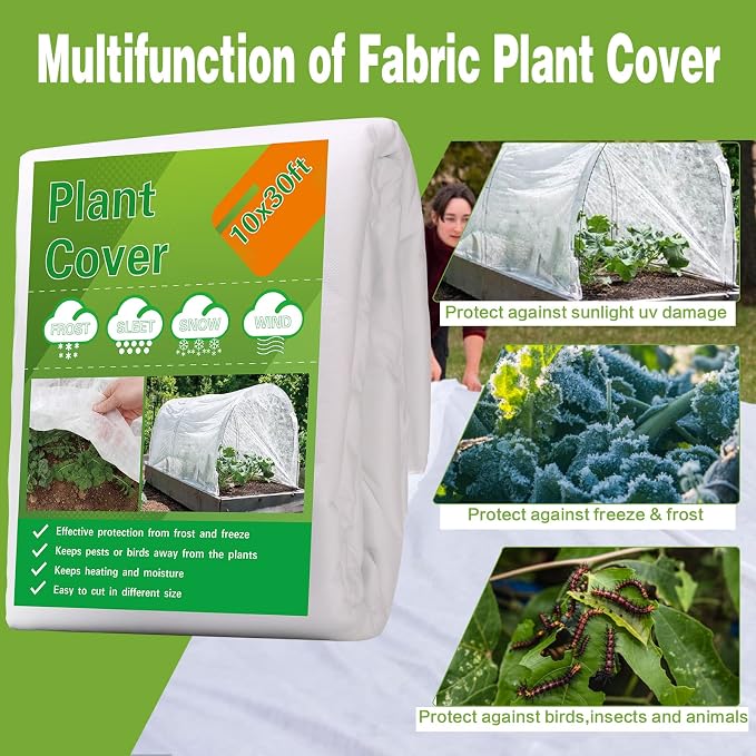 Plant Covers Freeze Protection Kit,10x30Ft Fabric Frost Cloth With 6pcs Garden Hoops & 12 Clips,Floating Row Cover Kit With Greenhouse Hoops Frost Blanket for Plants Vegetables Winter Frost Protection