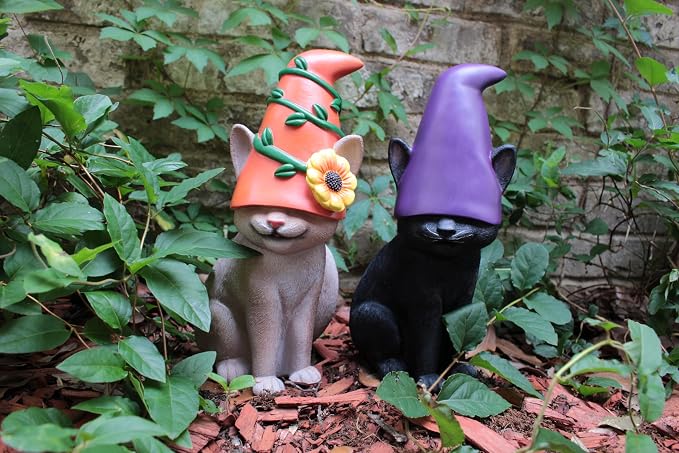 Cat Gnome 12" Tall (Gray) | Cute Outdoor Statues for Garden, Cat Home Décor, Hand-Painted and Original Design