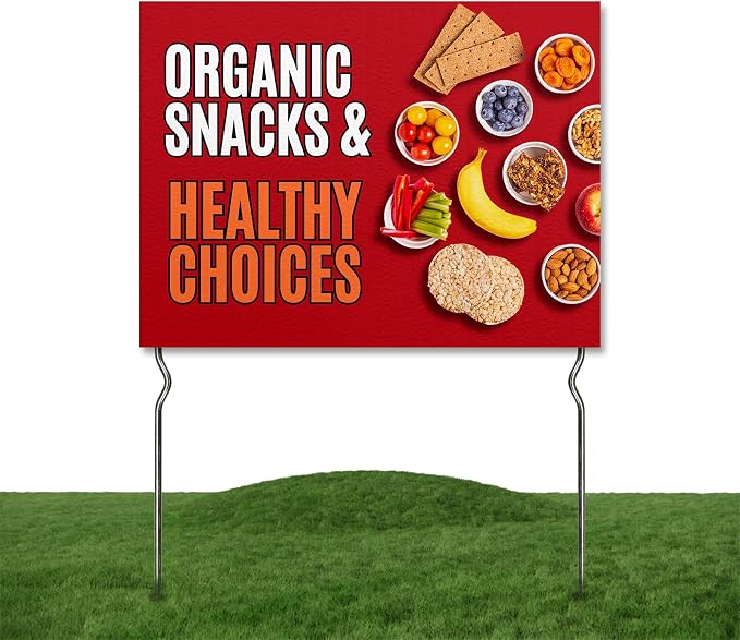 Organic Snacks & Healthy Choices! Yard Sign by DC | 24"x18" Double Sided Conv. Store Garden Sign with 13” Metal Stakes | Outdoor Signs Waterproof for Lawn, Patio, Sidewalk & House | Set of 3
