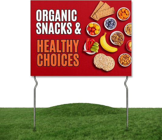 Organic Snacks & Healthy Choices! Yard Sign by DC | 24"x18" Double Sided Conv. Store Garden Sign with 13” Metal Stakes | Outdoor Signs Waterproof for Lawn, Patio, Sidewalk & House | Set of 4