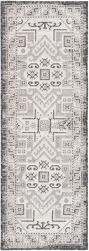 Unique Loom Outdoor Aztec Collection Area Rug - Coba (2' x 6' 1" Runner, Charcoal Gray/ Ivory)