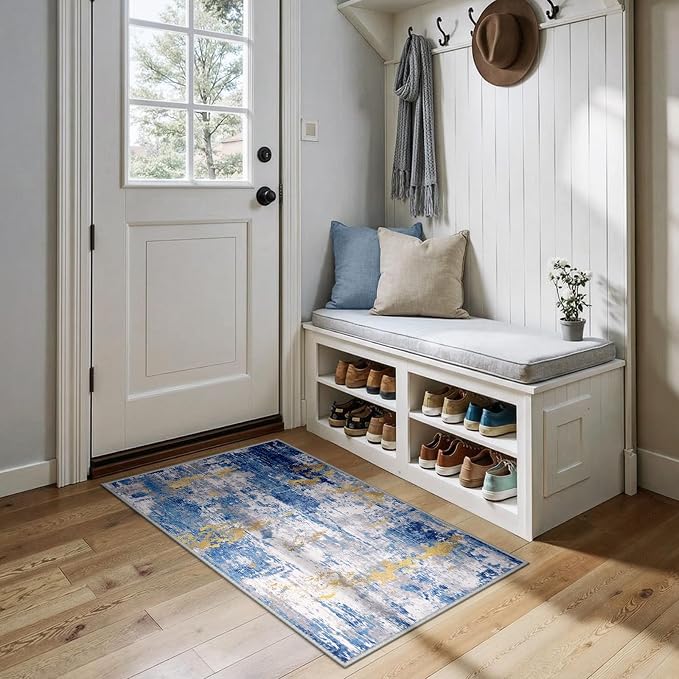 RELEANY Washable 2'x4' Abstract Area Rug for Living Room Blue Gold | Carpet for Bedroom, Kitchen, Office, Hallway and Entryway, Printed Pattern, Non‑Slip, Soft, Stain‑Resistant, Easy to Clean