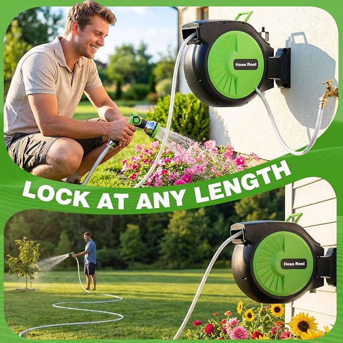 Retractable Garden Hose Reel 66FT x 1/2 in, Wall Mount Water Hose Reel for Outside with Auto Rewind, Tangle-Free Guide, 180° Swivel Bracket, Lock at Any Length, High-Pressure Flow, 10-Pattern Nozzle