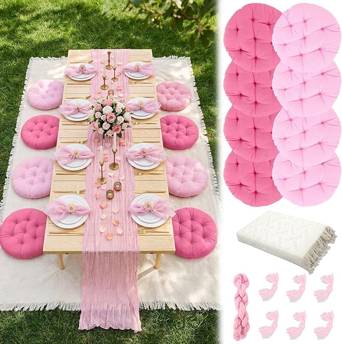 Beeveer 118" x 71" Extra Large Outdoor Picnic Blanket with Pink Table Runner 8 Napkins and 8 Pink Floor Pillows Cushions for Picnic Party Camping Wedding Bachelorette Birthday Baby Shower Decor