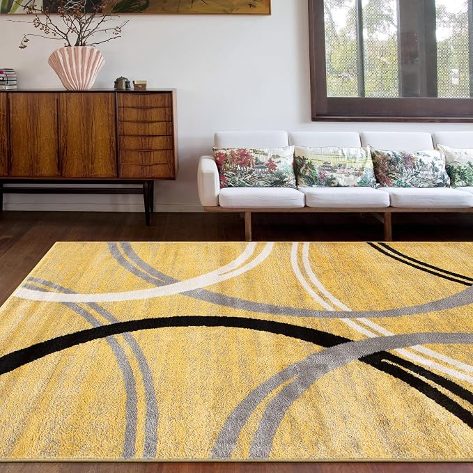 Rugshop Wavy Circles Non-Shedding Living Room Area Rug Yellow 6'6" x 9' | Rectangular, Size 6'6" x 9', Bedroom, Dining Room, Home Office, Kitchen, Entryway, Hallway, Nursery, Kids Room, Guest Room