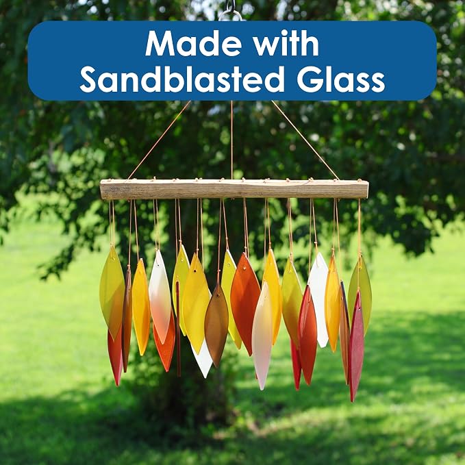 Blue Handworks Fall Leaves Glass & Driftwood Chime, Sandblasted Glass and Found Wood Handcrafted Wind Chime | Sandblasted Glass and Found Wood Handcrafted Wind Chime