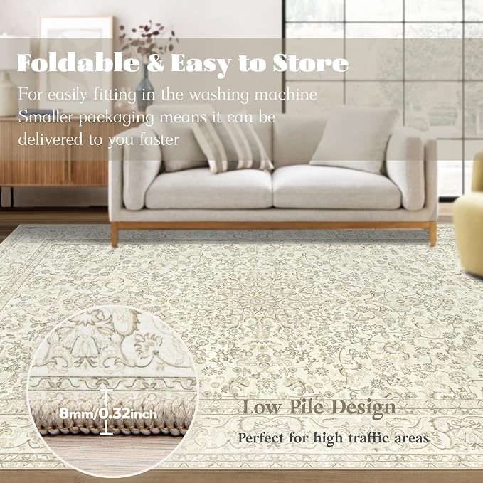 Area Rug 8x10 Washable Rug, Vintage Boho Medallion Rugs Non-Slip Soft Low Pile Large Distressed Rug Indoor Retro Carpet for Living Room Bedroom Dining Room Home Office (IvoryBeige, 8'x10')