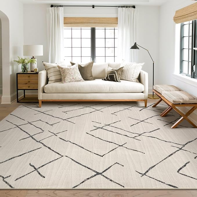kakania Washable 10x12 Area Rug for Living Room: Boho Geometry Home Decor | Soft Stain Resistant, Low-Pile, Non-Slip, Pet & Kid Friendly, Thin Rug for Bedroom/Dining Room/Kids Dorm - Beige