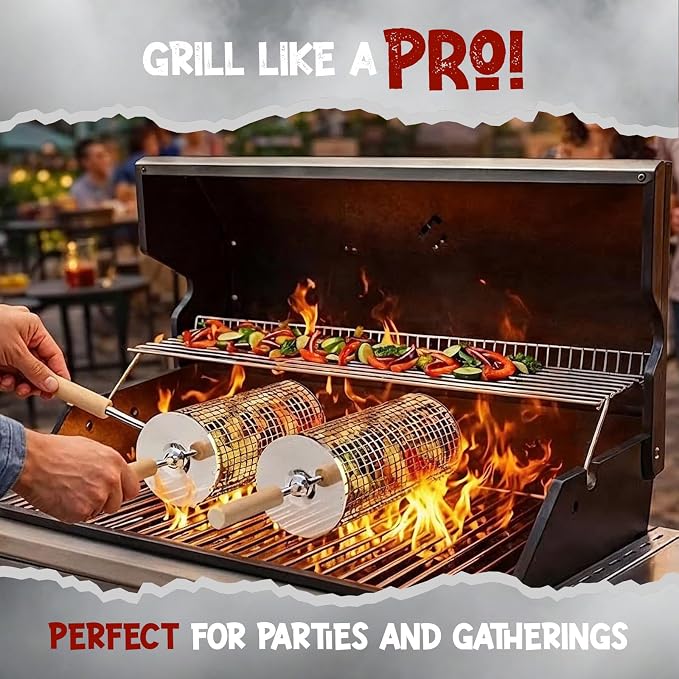 Rolling Grill Basket for Veggies (2 PCS) | 304 Stainless Steel Grill Baskets for Outdoor Grill with Removable Wooden Handle | BBQ Baskets for Grilling | Vegetable Grill Basket | Fathers Day Gifts
