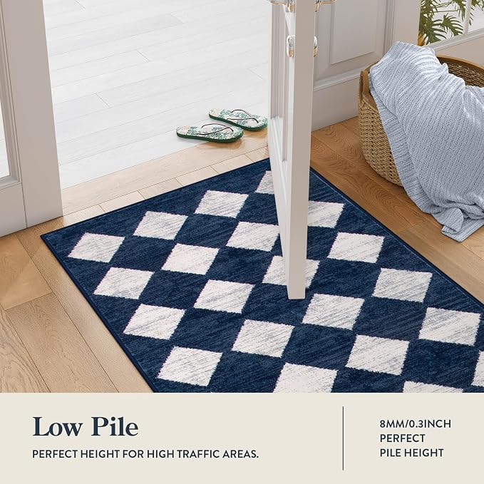 Lahome Zelie Checkered 2x8 Hallway Runner Rug,Soft Kitchen Runner Rugs Non Skid Washable,Blue Bathroom Carpet Runners,Moroccan Trellis Low Pile Rug Runners for Entryway Laundry Room Foyer(2'x8',Blue)
