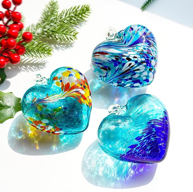Set of 3 Handmade Glass Heart Ornament 3.9 Inch Blue Friendship Heart Balls | Hand-Blown Craftsmanship, Easy-Hang Lanyard Design for Indoor & Outdoor Hanging