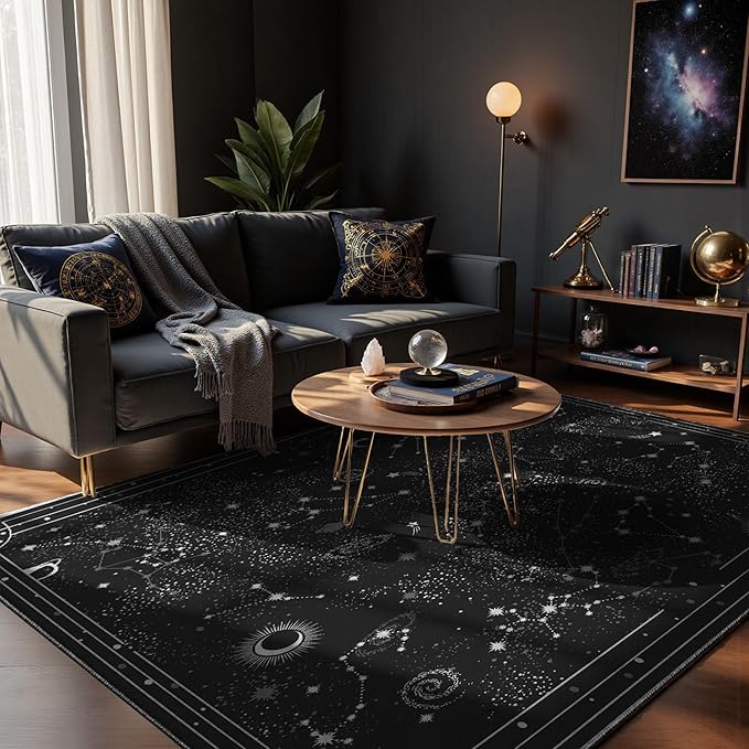 Nayoroom Celestial Starry Night Black Area Rug, Machine Washable, 8 x 10 ft | Moon phases and star motifs; Gothic black palette; Soft surface; Machine washable; Non-slip backing; Bedroom or living room