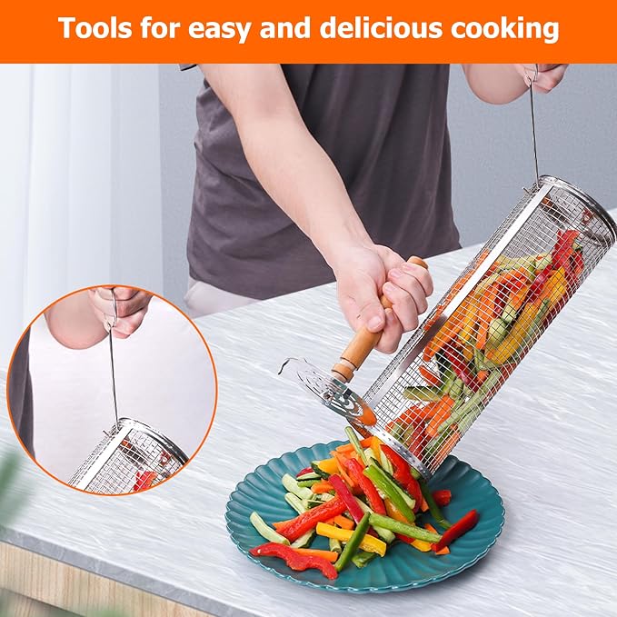 Rolling Grilling Baskets for Outdoor Grill Bbq Net Tube Stainless Steel Large Round Mesh Barbecue Accessories Must Have Cylinder Cage Picnic Gear Cooking Camping Basket for Veggies Vegetable Fish