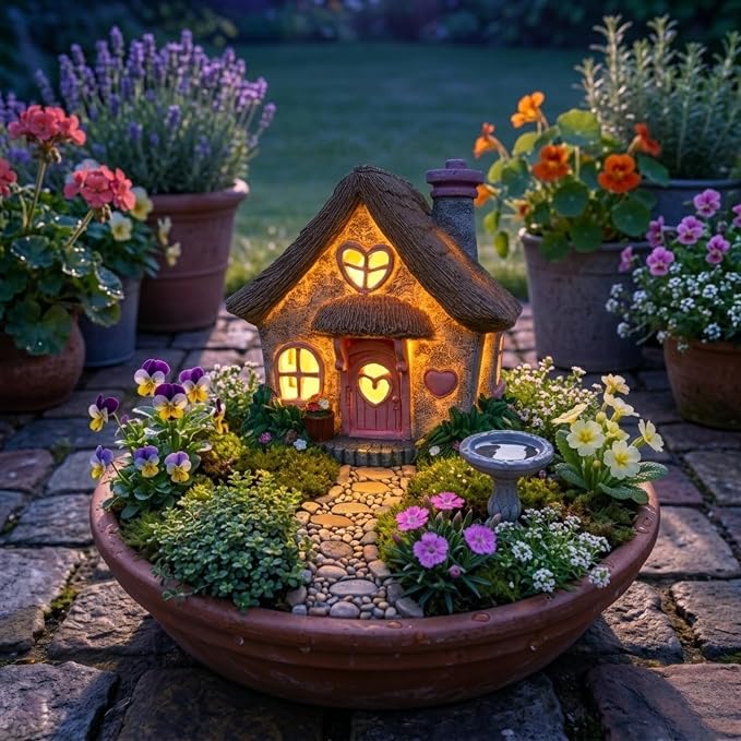 PRETMANNS Fairy House for Outside with Solar Powered LED Lights for Garden - Fairy Garden Houses for Outdoor - Miniature Accessories for Cottage Decor for Village - 7.56” High, Pink