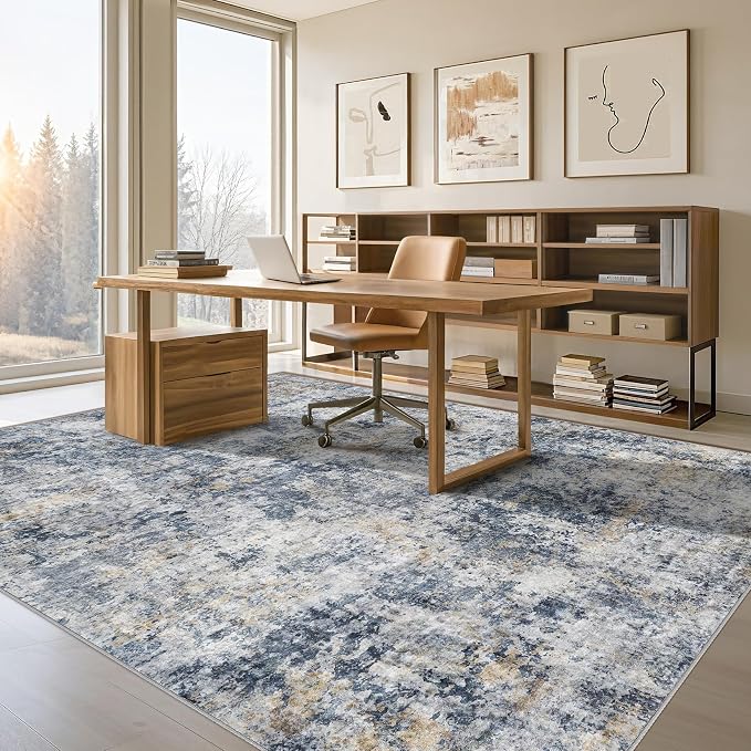 Tortania Washable 7x9 Area Rug for Living Room: Modern Abstract Neutral Large Soft Thin Rugs - Non Slip Indoor Carpet for Bedroom Dining Room Office Nursery Home Floor Decoration - Blue Grey