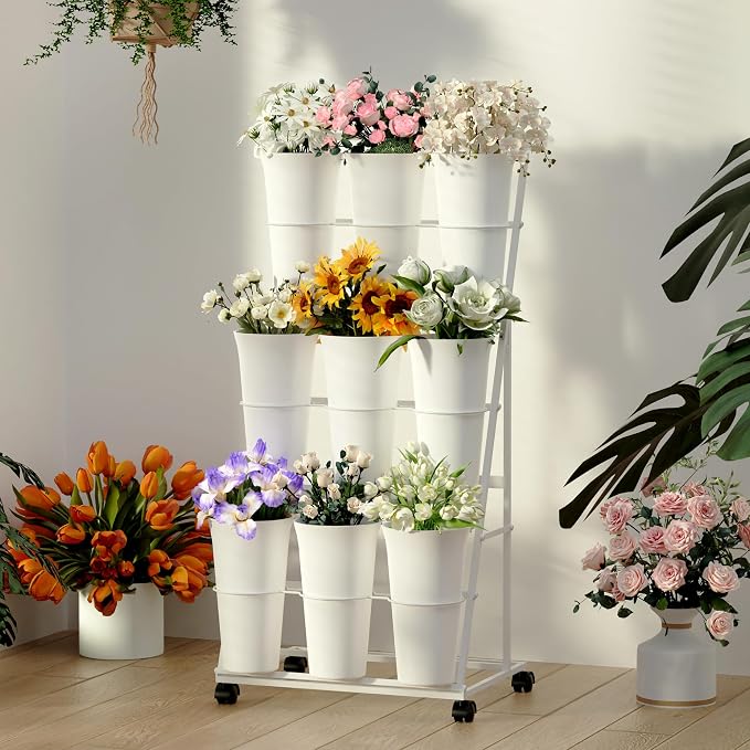 Invech Flower Display Stand with 9 Buckets, 3 Tier Flower Cart Display Stand and Wheels for Indoor Outdoor Garden, Wedding, Flower Shop (White)